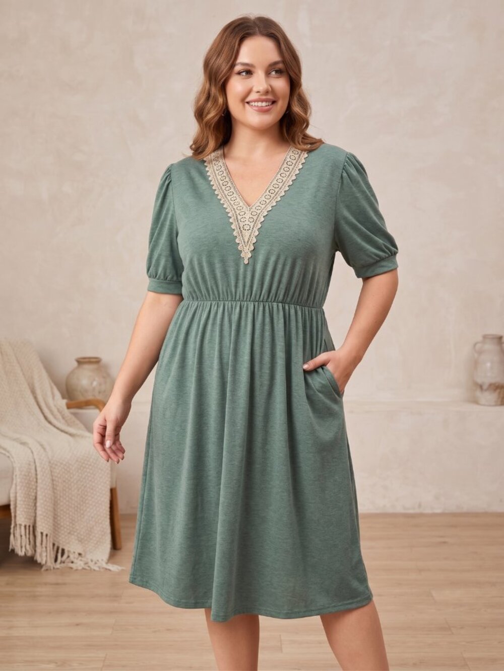 NWT Zeflows Sage Green Crochet Lace V-Neck Puff Sleeve Pockets Midi Dress XL